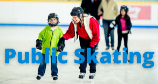 image of people skating on an indoor ice surface. There is a child and adult in the foreground. The child is wearing a bright green coat and blue pants and the adult is wearing a two toned red coat and blue pants.